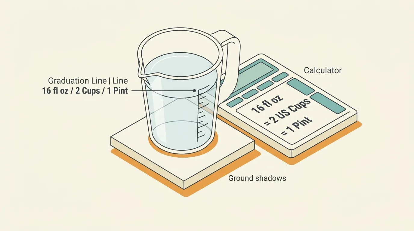 Measurement and ratio schematic for 16 Oz to Cups: Exact US Fluid Ounces to Cups Conversion