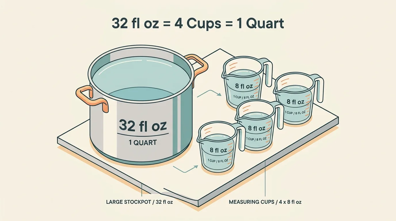 Measurement and ratio schematic for 32 Oz to Cups: Exact US Fluid Ounces to Cups Conversion