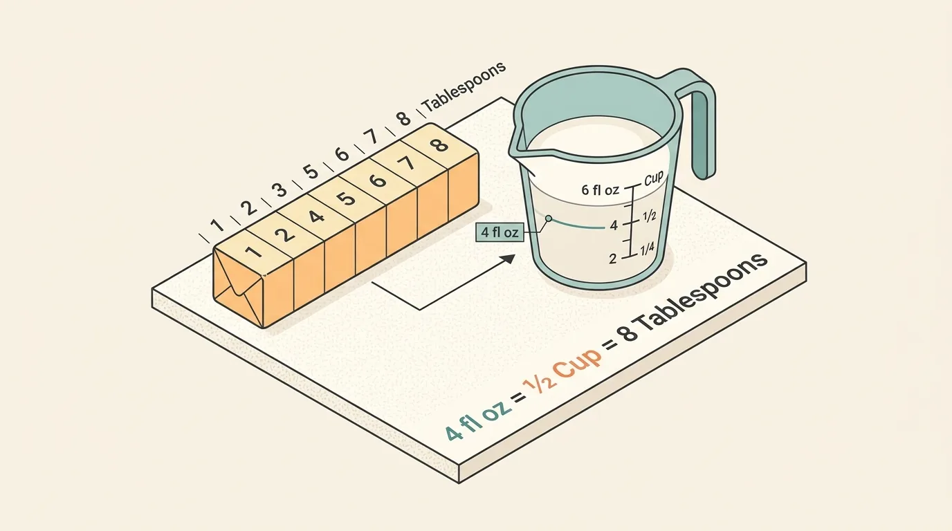 Measurement and ratio schematic for 4 Oz to Cups: Exact Half Cup Measurement Conversion