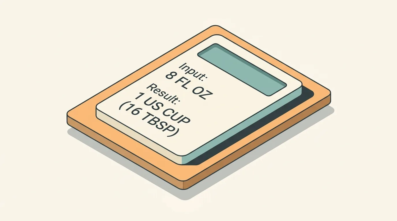 Measurement and ratio schematic for 8 Oz to Cups: Exact US Fluid Ounces to Cups Conversion