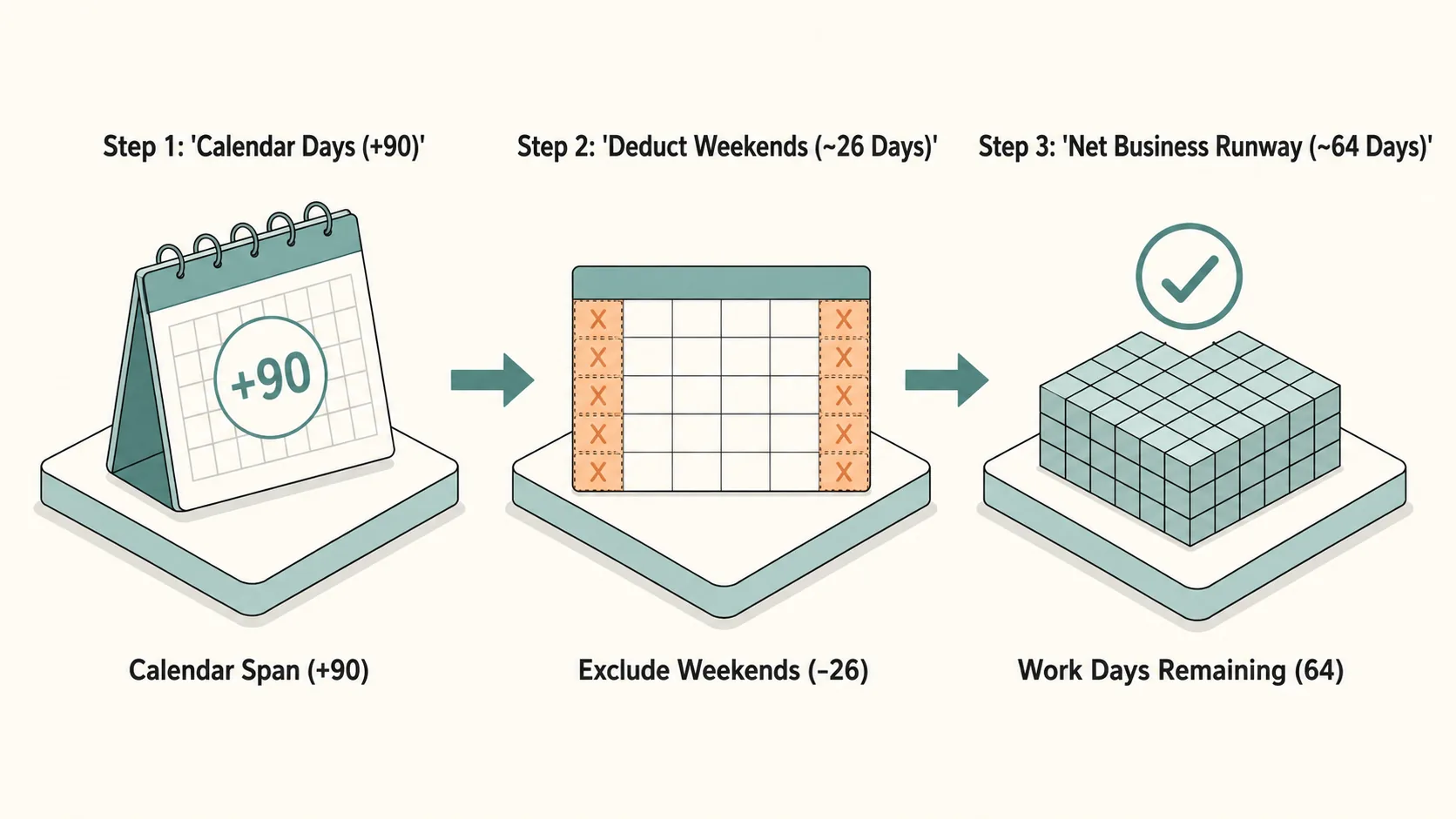 Workflow diagram showing calendar span plus 90, weekend deduction minus 26, and working days remaining 64