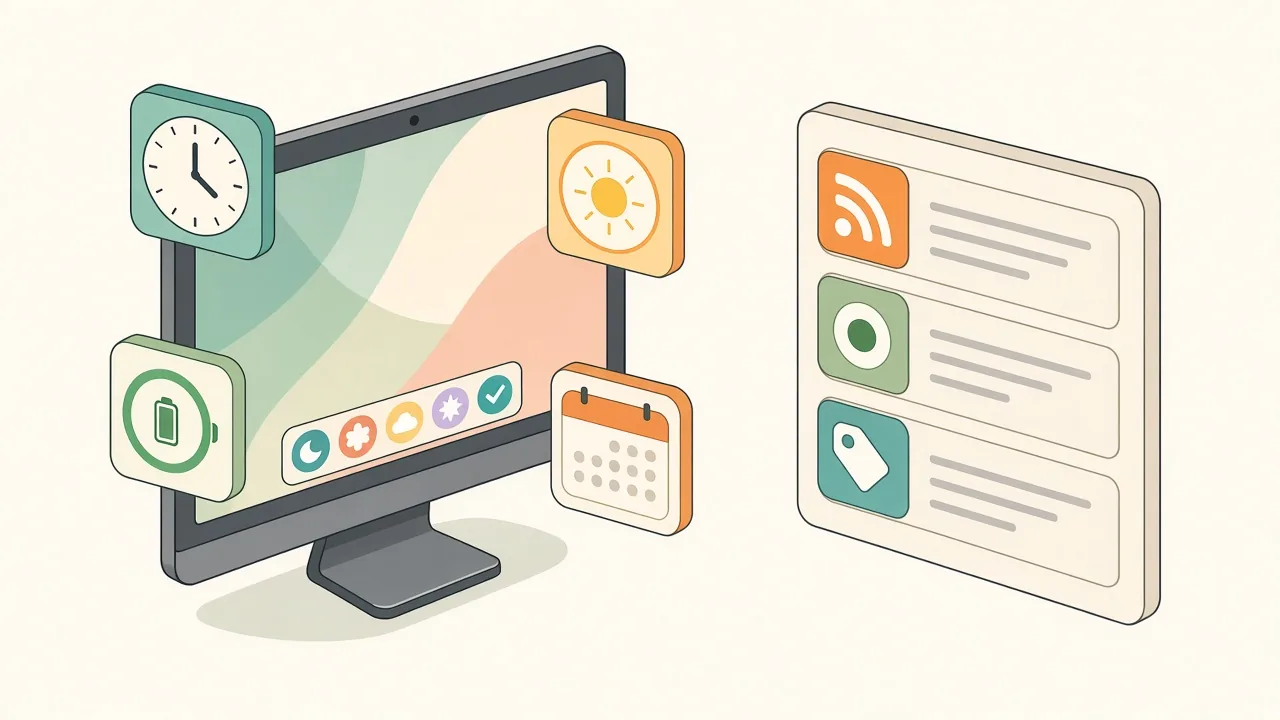 Isometric illustration of a desktop decorated with themed widgets next to a panel of widgets built from web feeds and status pages