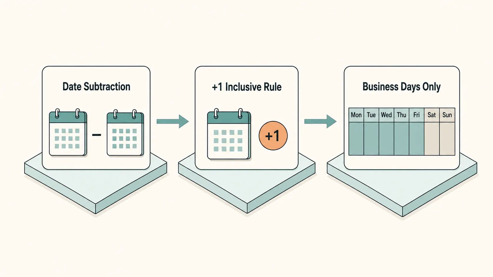 Workflow diagram illustrating the three date calculation models: raw calendar span, inclusive calendar days, and business day exclusion