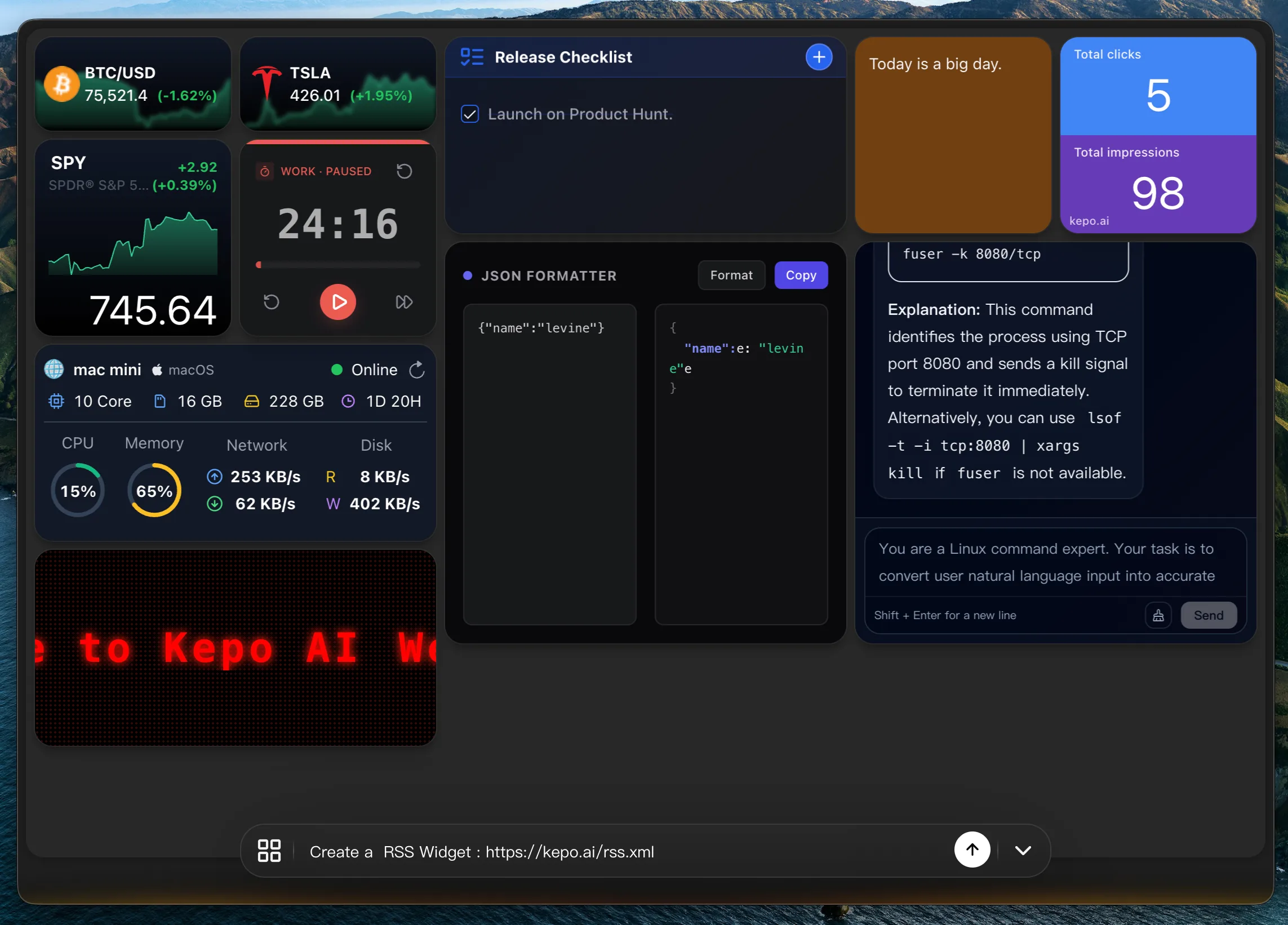 Kepo AI builder for a custom desktop widget