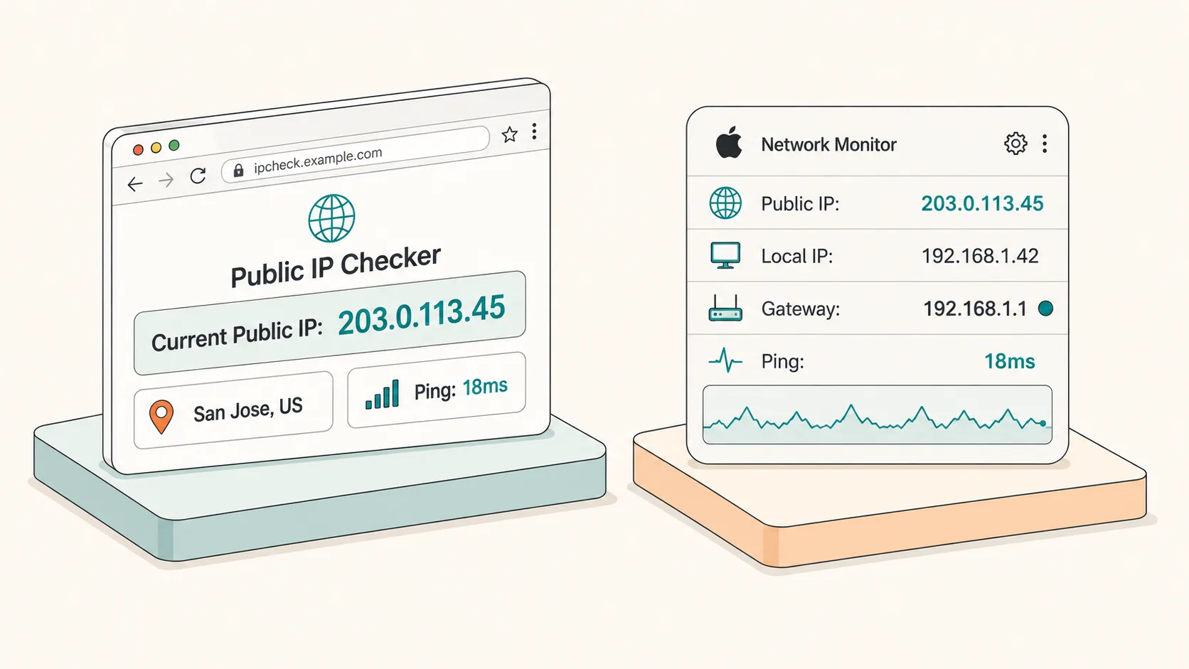 Clean web public IP checker interface alongside a Mac desktop network monitor widget
