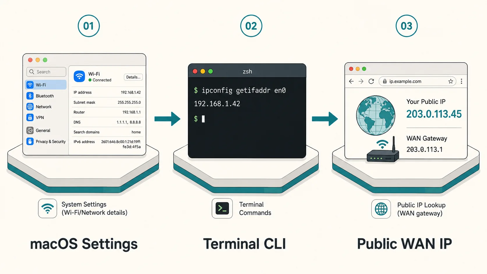 Workflow diagram illustrating finding IP address on Mac through System Settings, Terminal CLI, and Public WAN IP lookup