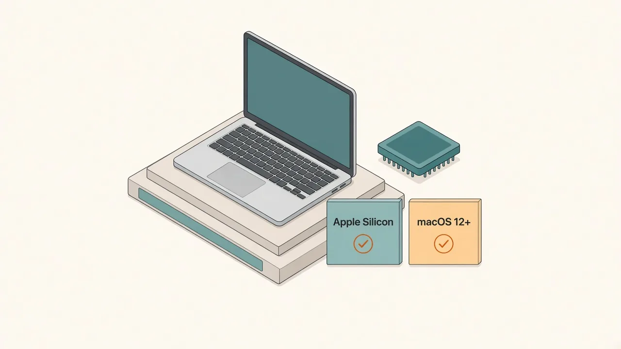 Isometric illustration of a MacBook beside a chip icon with labels Apple Silicon and macOS 12+