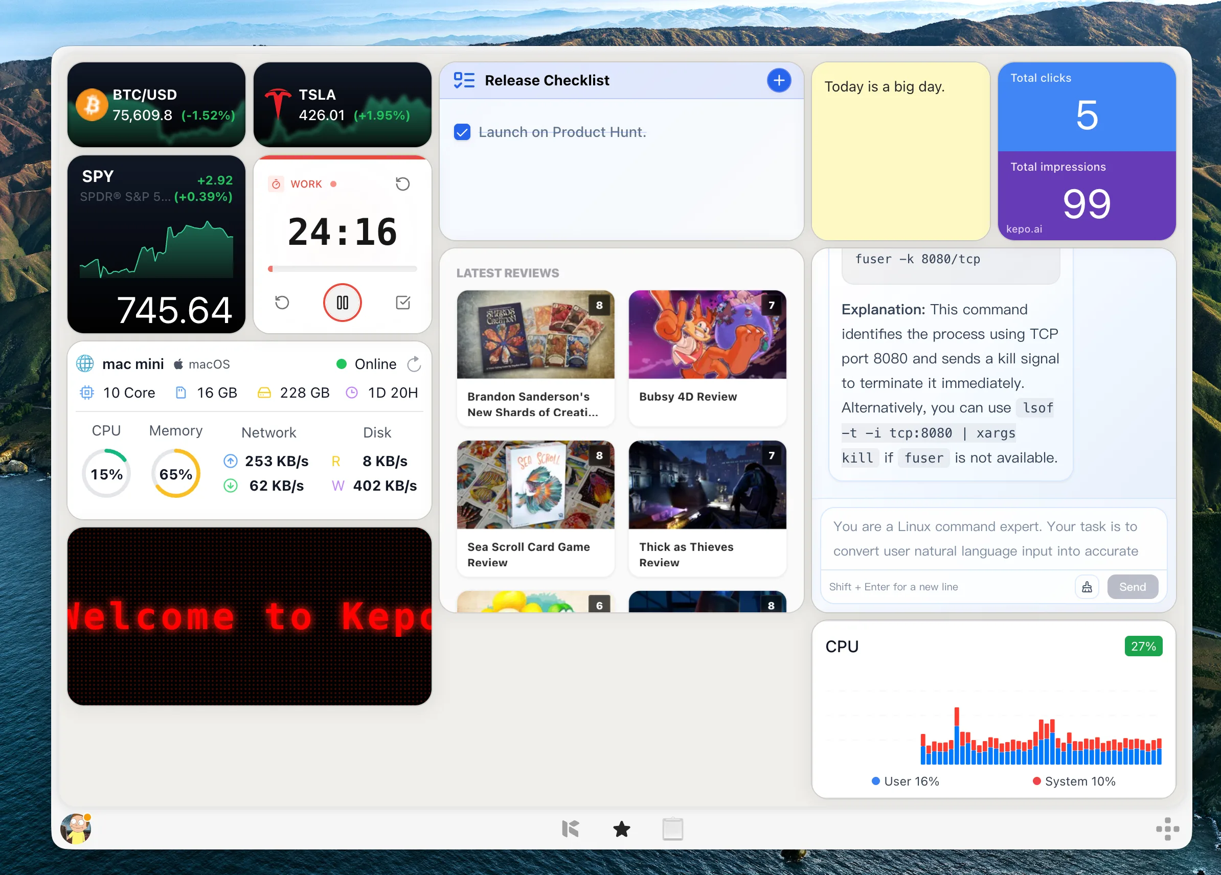 Kepo custom desktop widgets for feeds and monitors