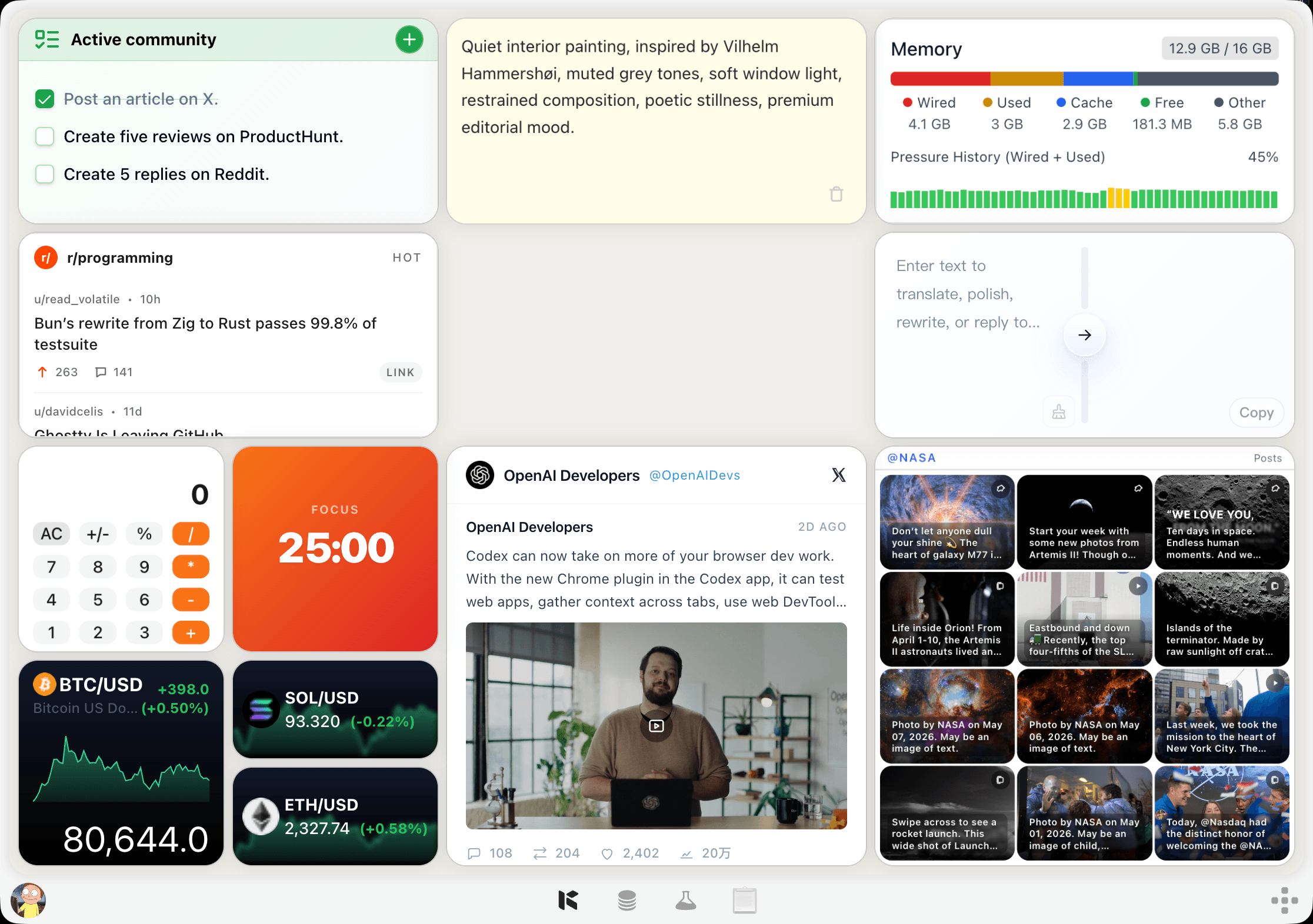 Kepo widgets arranged in a desktop workspace