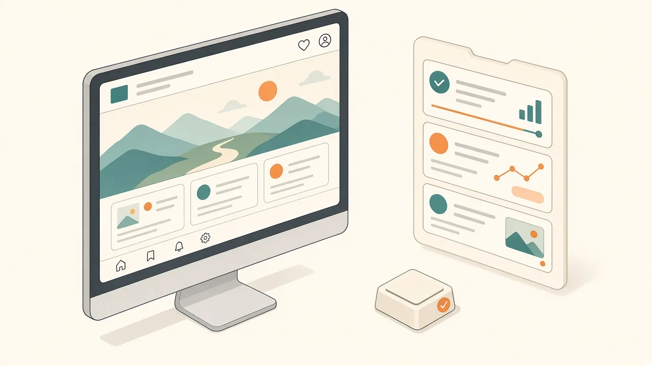 Isometric illustration of a monitor with one full web page as wallpaper next to a small floating panel of web widgets opened with a key