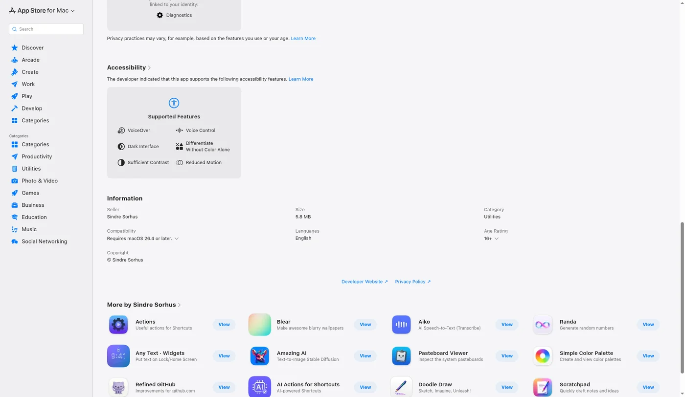 Screenshot of the Plash Mac App Store listing Information section showing Compatibility: Requires macOS 26.4 or later