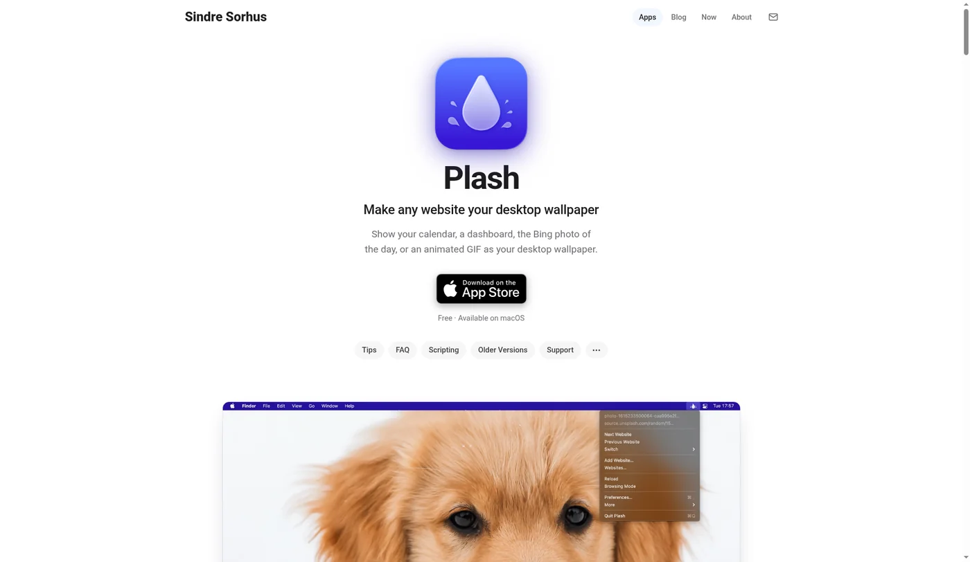 Screenshot of the Plash website: app icon, the tagline Make any website your desktop wallpaper, and a Mac desktop with a photo wallpaper