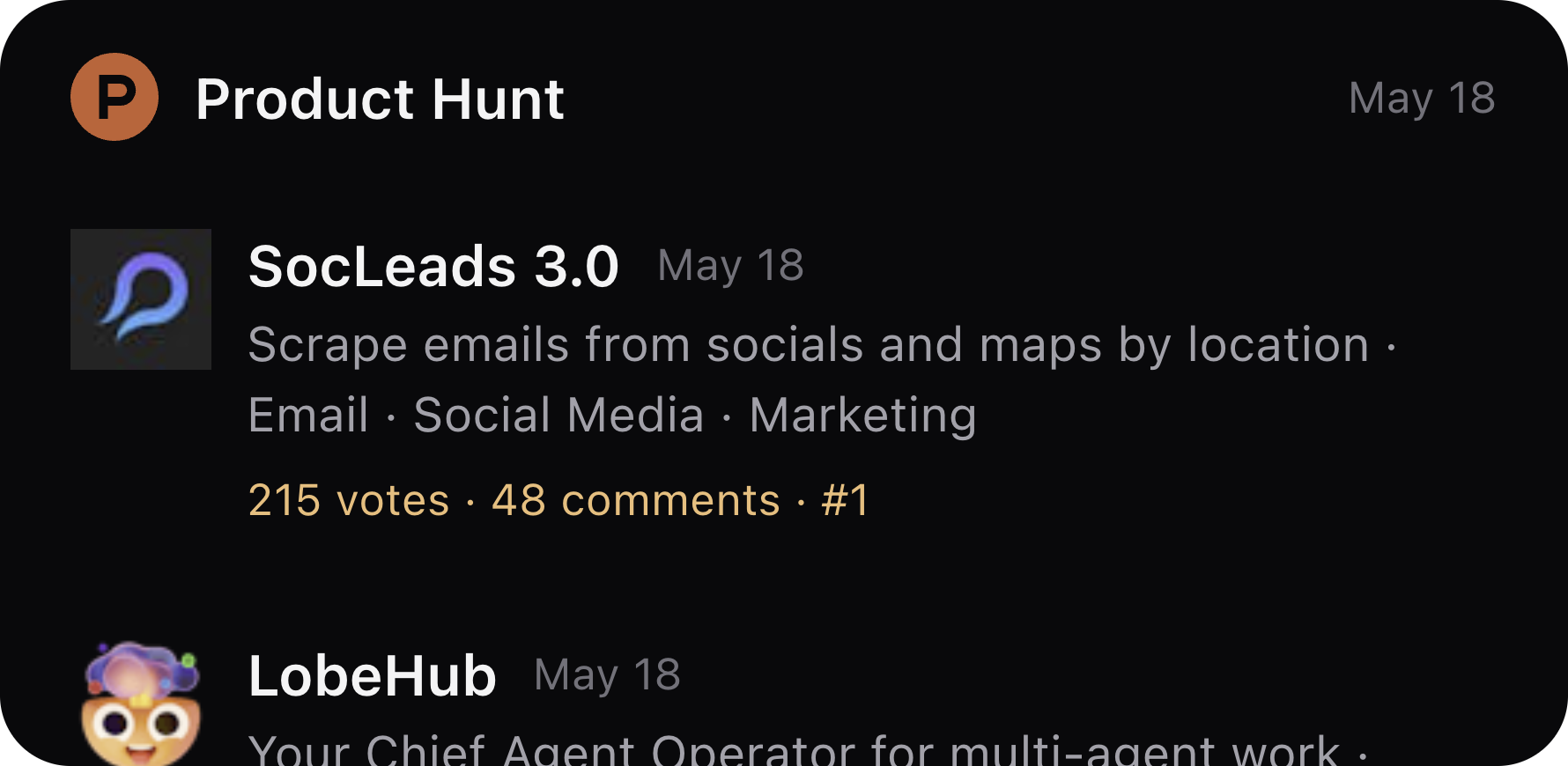 Kepo Product Hunt Feed wide widget preview