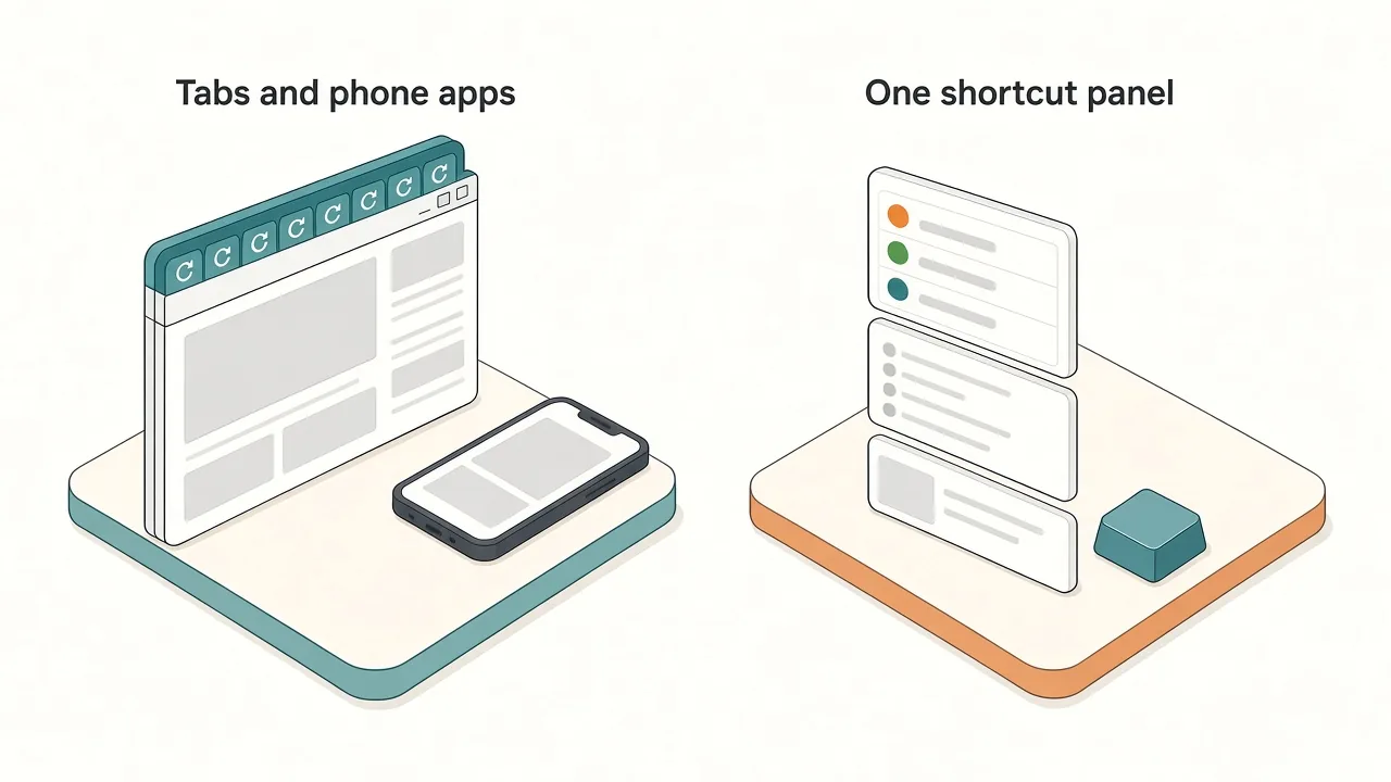 Comparison of a crowded browser with many news tabs and a phone app versus a single floating panel of small widgets opened with a key