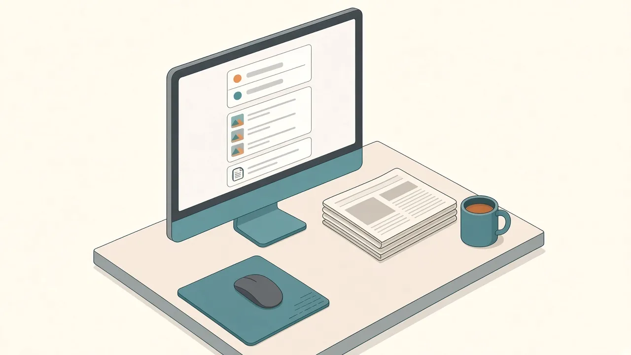 Isometric illustration of a Mac monitor with a floating panel of market and news widgets, next to a stack of newspapers and a coffee mug on the desk