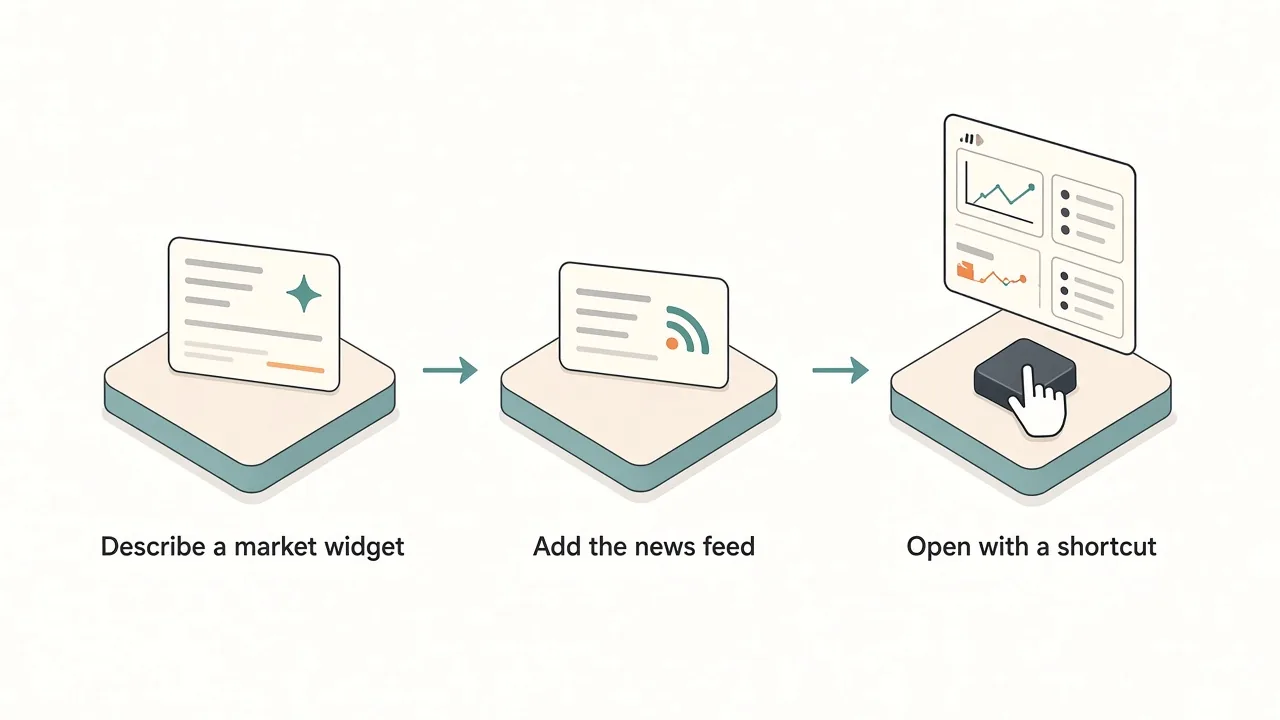 Three steps: describe a market widget, add the news feed, open the panel with a shortcut