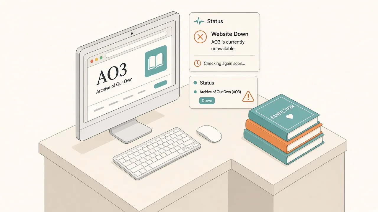 Isometric illustration of a desk with an AO3 status panel on a Mac beside notebooks and a keyboard