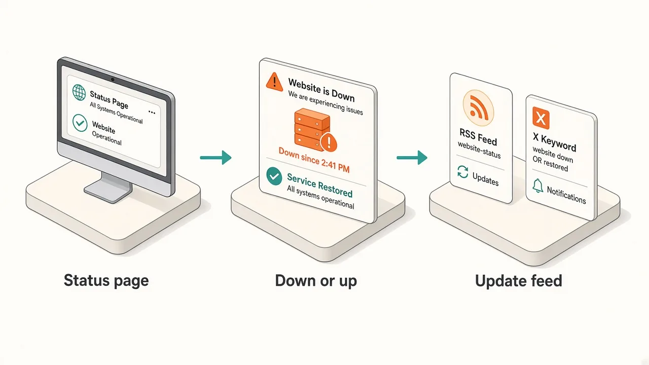 Three steps: describe an outage status widget, add status sources, open the panel with a shortcut