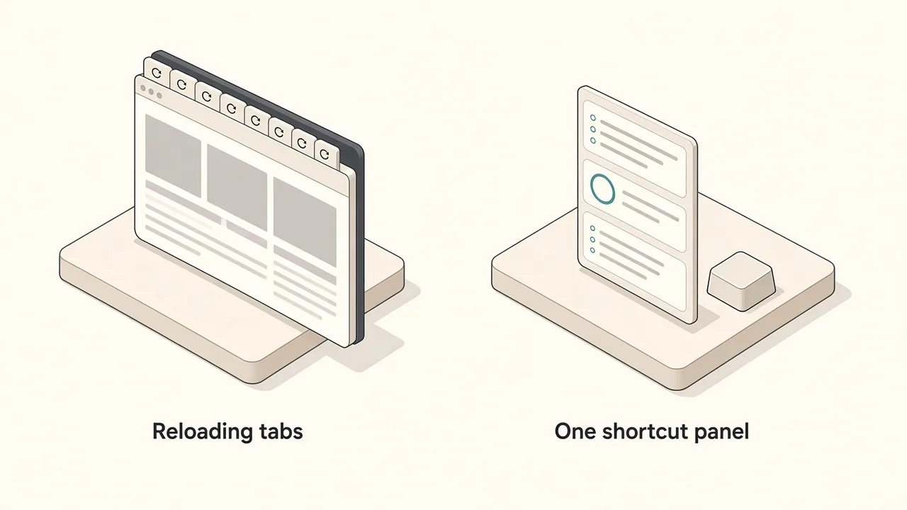 Comparison of a browser crowded with reloading tabs versus a single floating panel of small widgets opened with a key