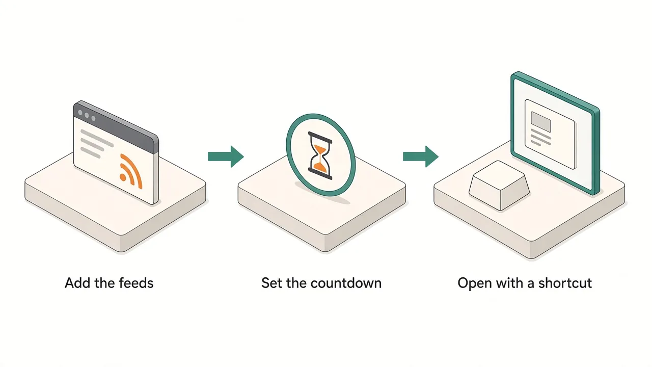 Three steps: add the feeds, set the countdown, open the panel with a shortcut