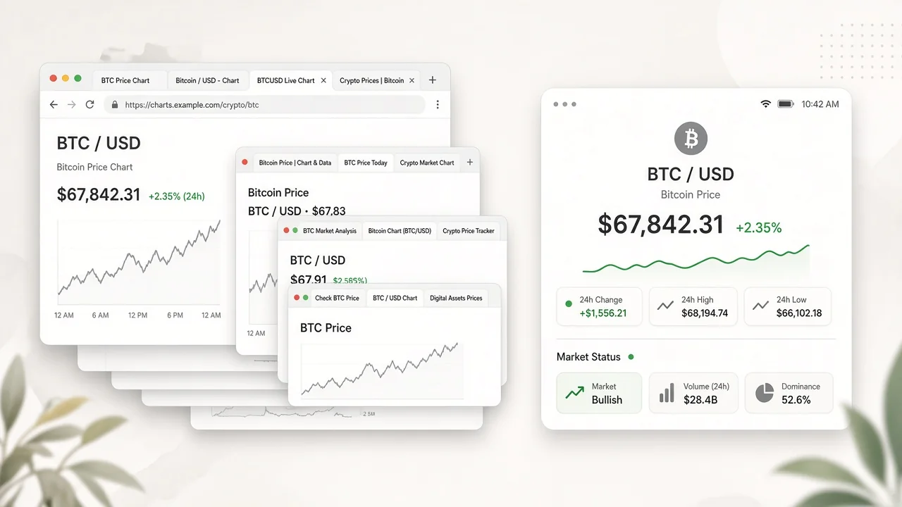 Comparison of a crowded laptop with many crypto tabs versus one shortcut panel of quote and status cards