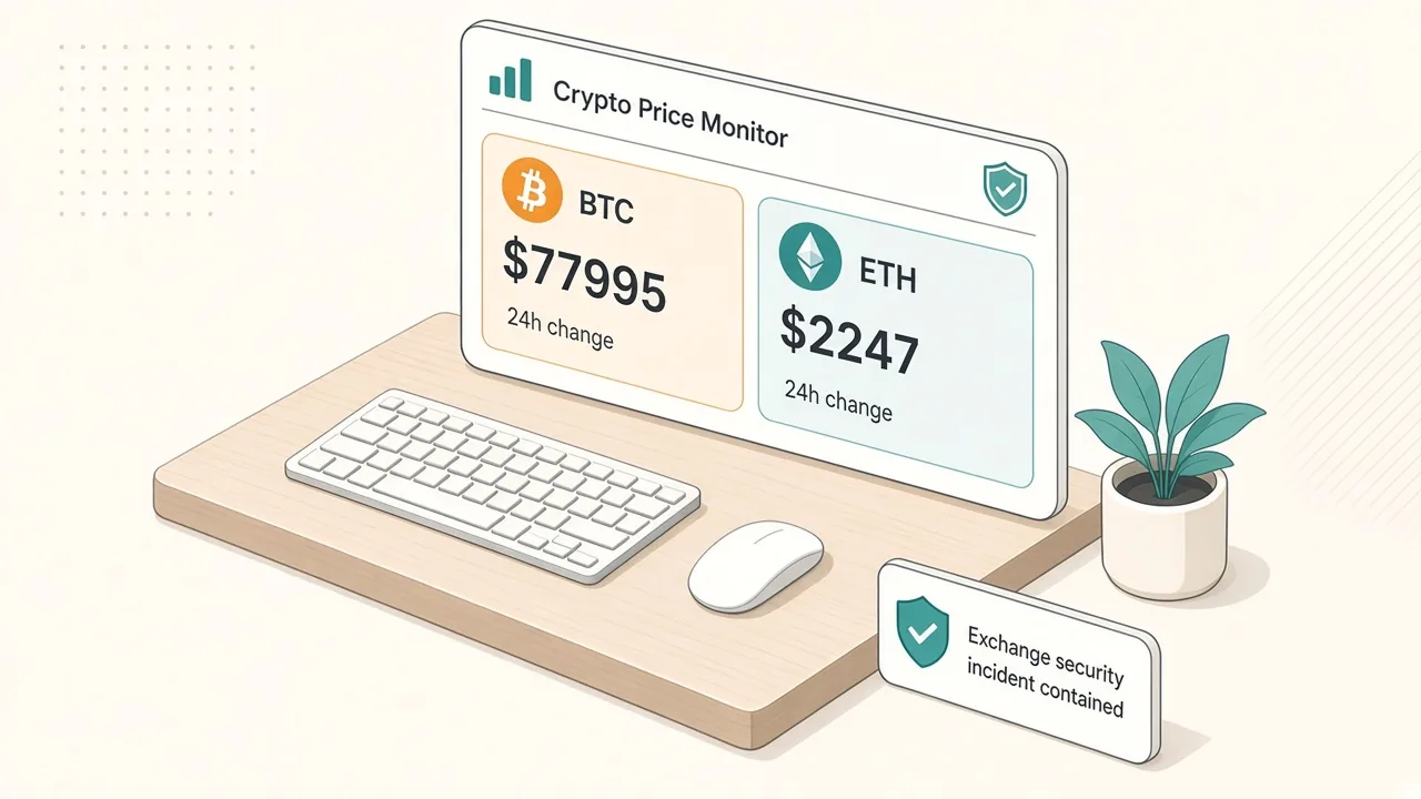 Isometric illustration of a desk with crypto quotes and status cards on a Mac panel beside a keyboard