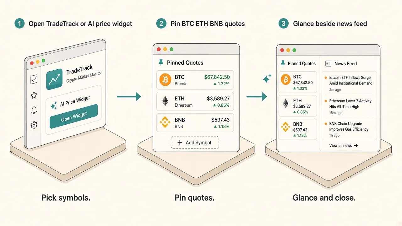 Three steps: describe a crypto quotes widget, add status sources, open the panel with a shortcut