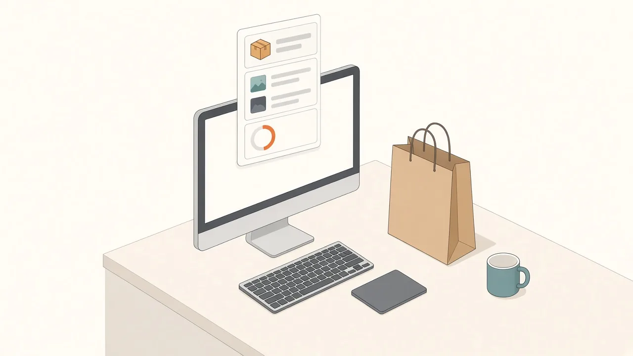 Isometric illustration of a Mac monitor with a floating panel of small widgets: a delivery box card, a news feed list and a countdown ring, beside a closed shopping bag on the desk