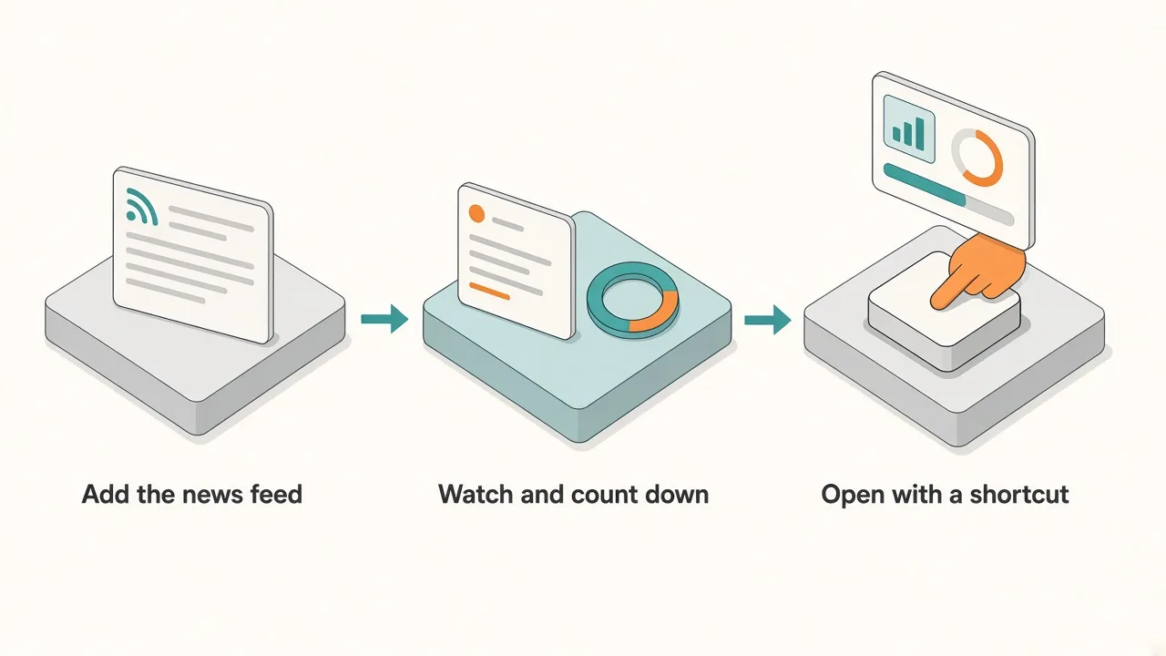 Three steps: add the news feed, set a keyword watch and countdown, open the panel with a shortcut
