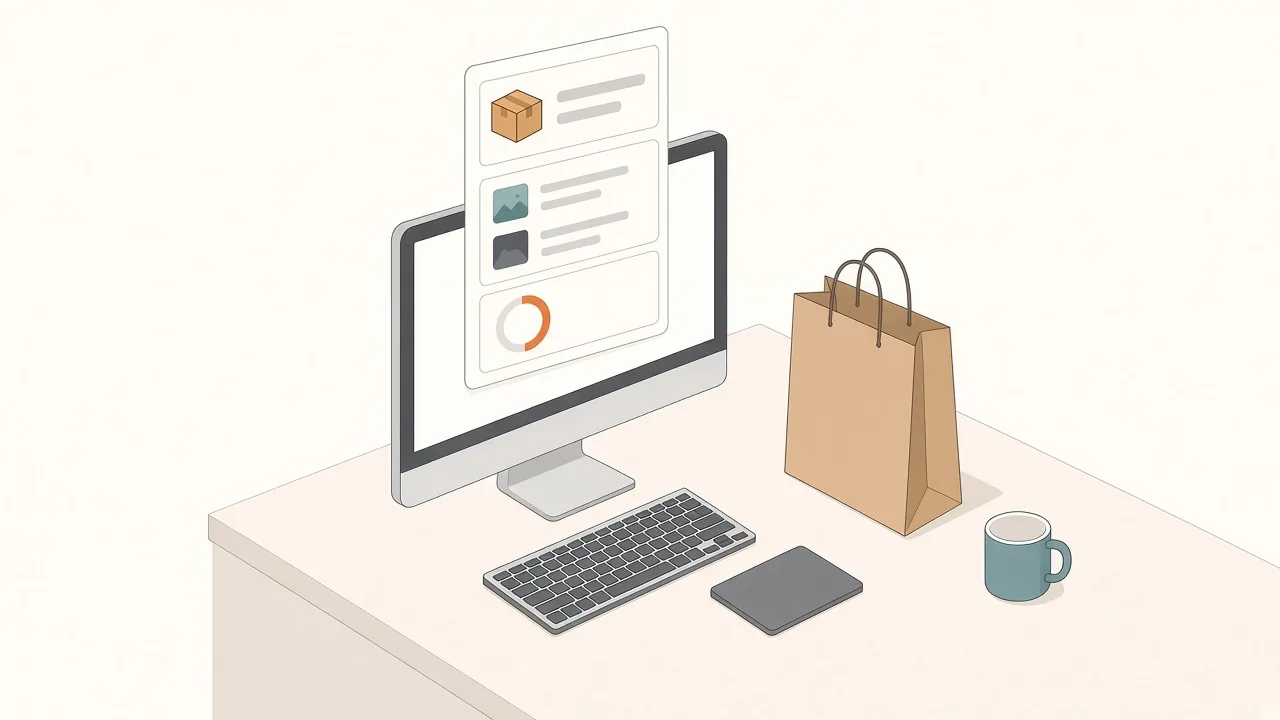 Isometric illustration of a Mac monitor with a floating panel of small widgets: a pre-order delivery card, a news feed list and a countdown ring, beside a closed laptop outline on the desk