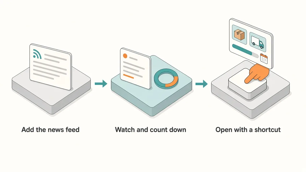 Three steps: add the news feed, set a keyword watch and countdown, open the panel with a shortcut