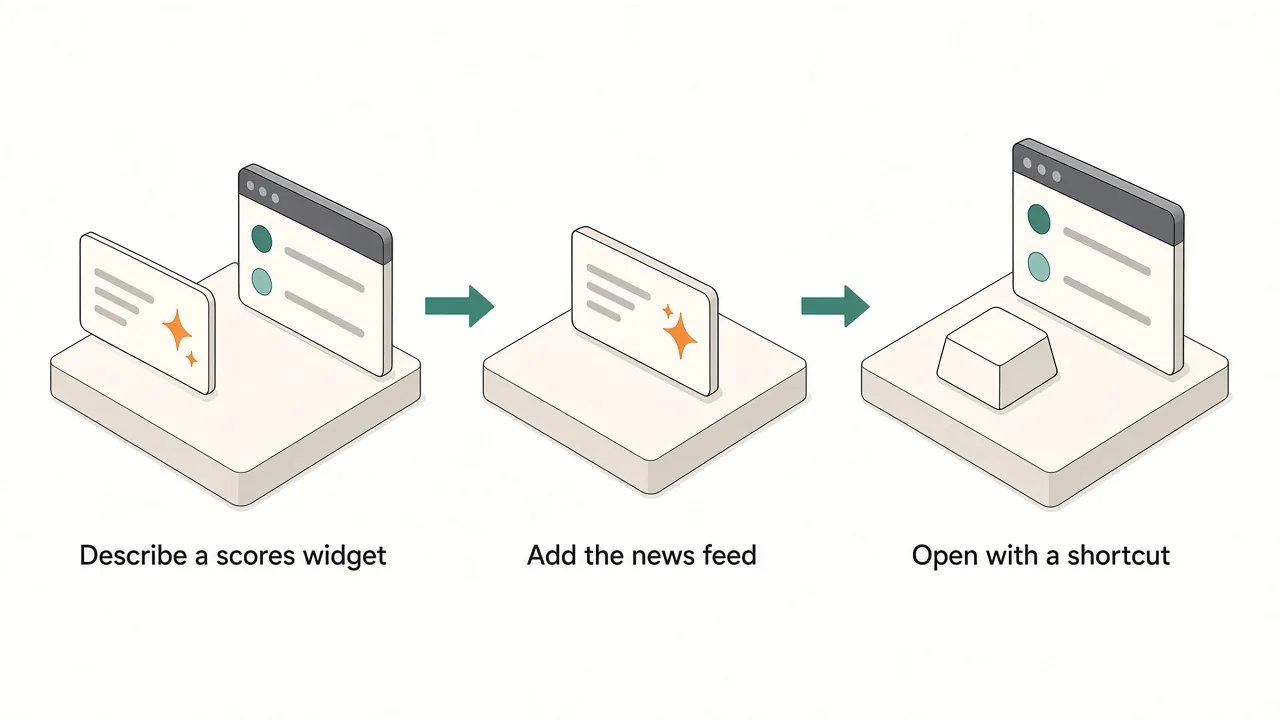 Three steps: describe a scores widget, add the news feed, open the panel with a shortcut