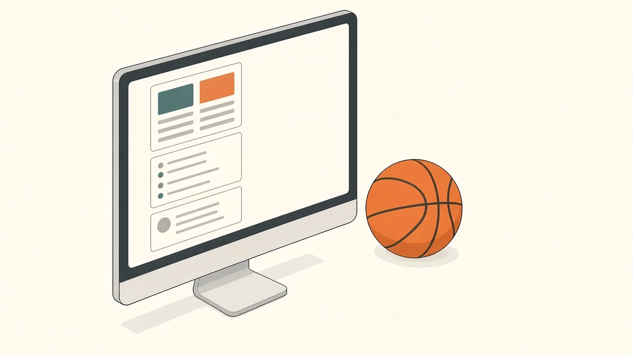 Isometric illustration of a Mac monitor with a floating panel of three widgets: a compact scoreboard card, a news feed list and a social post card, next to a basketball on the desk