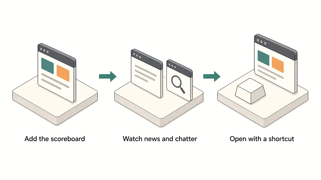 Three steps: describe a scores widget, add the news feed, open the panel with a shortcut