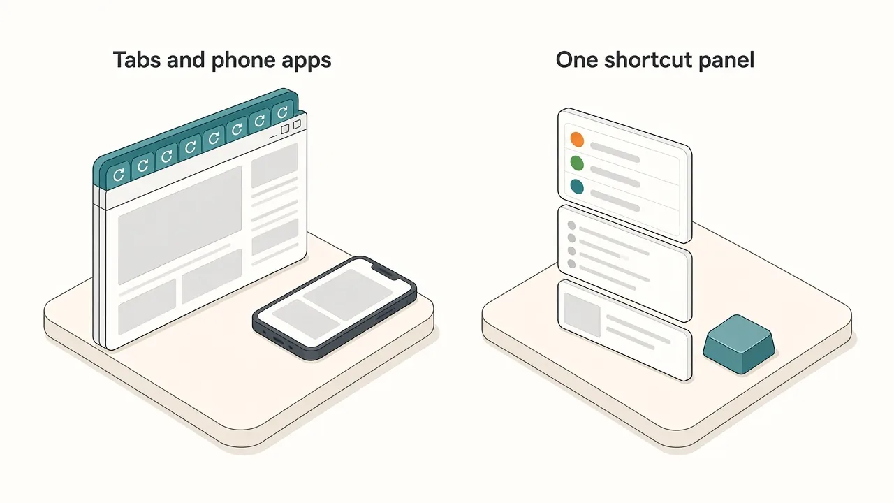 Comparison of a crowded browser with many score tabs and a phone app versus a single floating panel of small widgets opened with a key