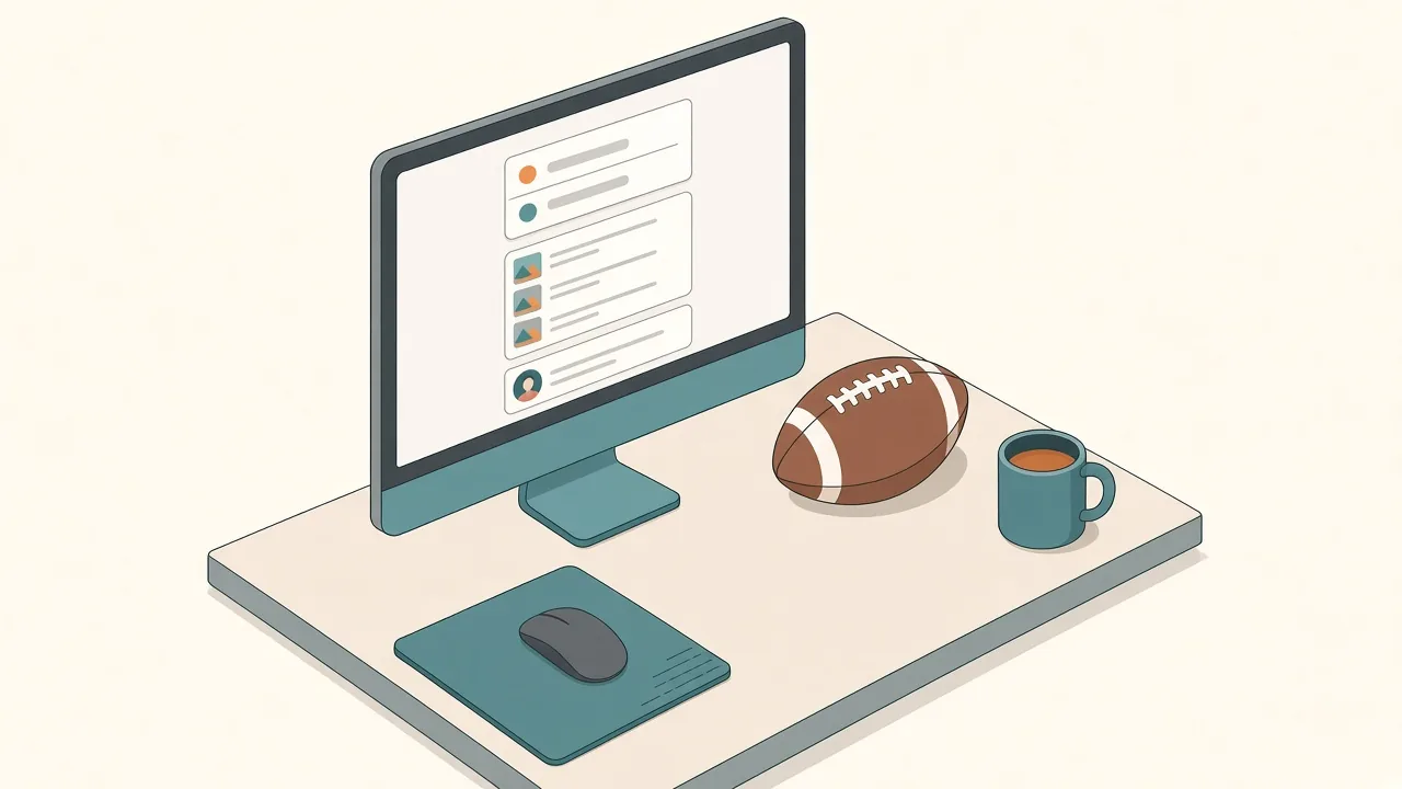 Isometric illustration of a Mac monitor with a floating panel of three widgets: a compact scoreboard card, a news feed list and a social post card, next to an American football on the desk