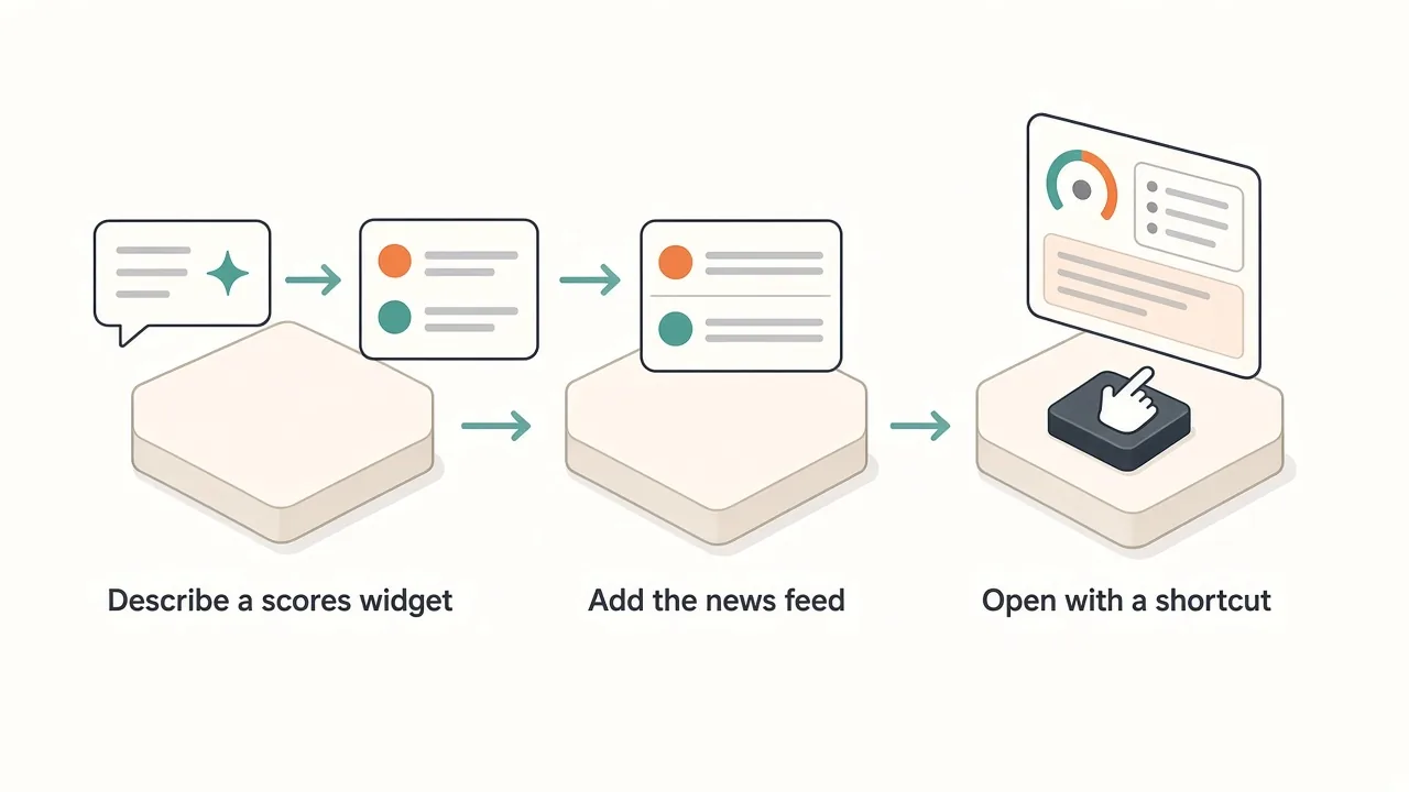 Three steps: describe a scores widget, add the news feed, open the panel with a shortcut