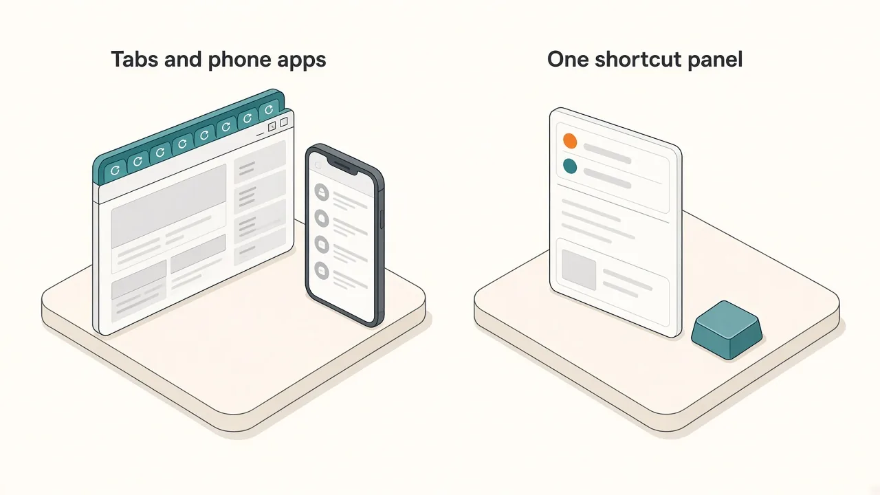 Comparison of a crowded browser with many score tabs and a phone app versus a single floating panel of small widgets opened with a key