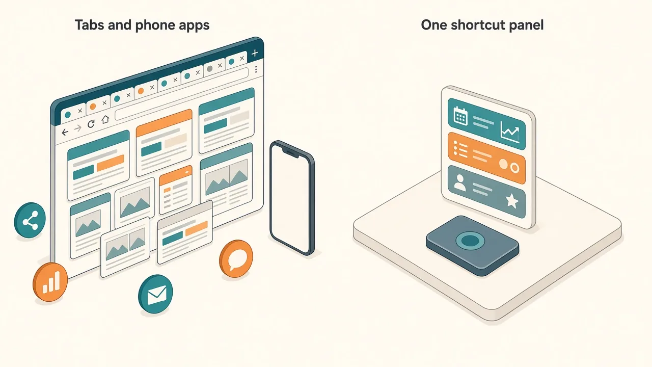 Comparison of a crowded browser with many score tabs and a phone app versus a single floating panel of small widgets opened with a key