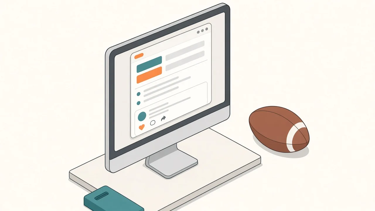 Isometric illustration of a Mac monitor with a floating panel of three widgets: a compact scoreboard card, a news feed list and a social post card, next to an American football on the desk