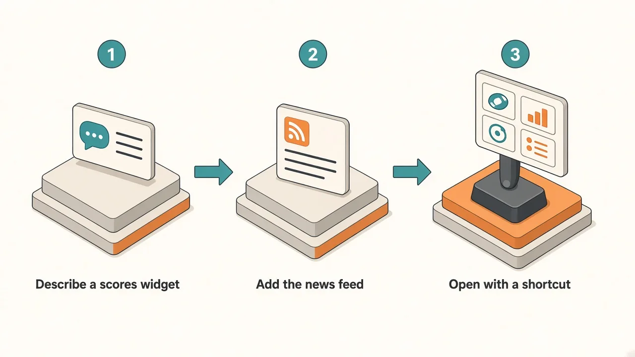 Three steps: describe a scores widget, add the news feed, open the panel with a shortcut