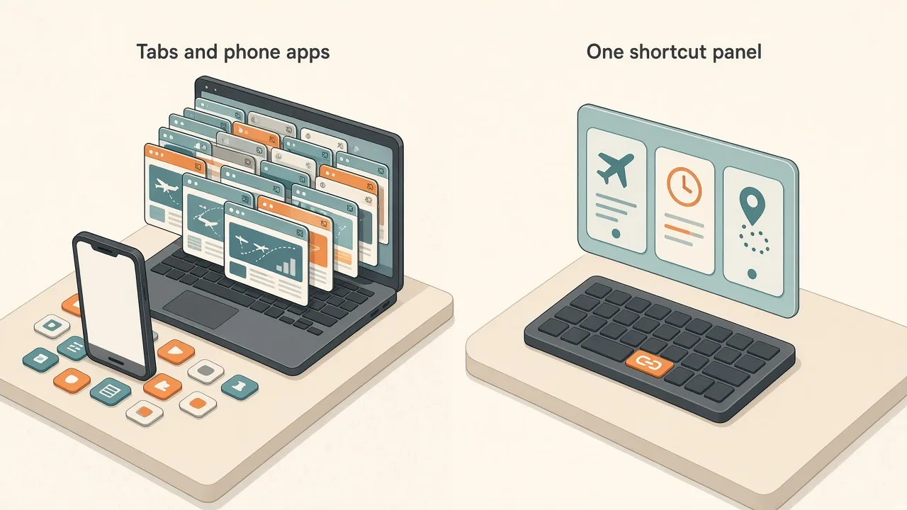 Comparison of a crowded laptop with many flight tabs and a phone versus one shortcut panel of three status cards