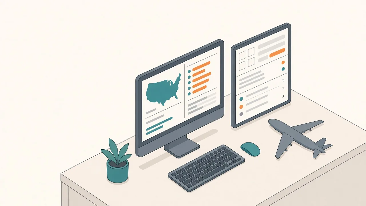 Isometric illustration of a desk with two monitors showing a US map and status lists, a keyboard, and a model airplane