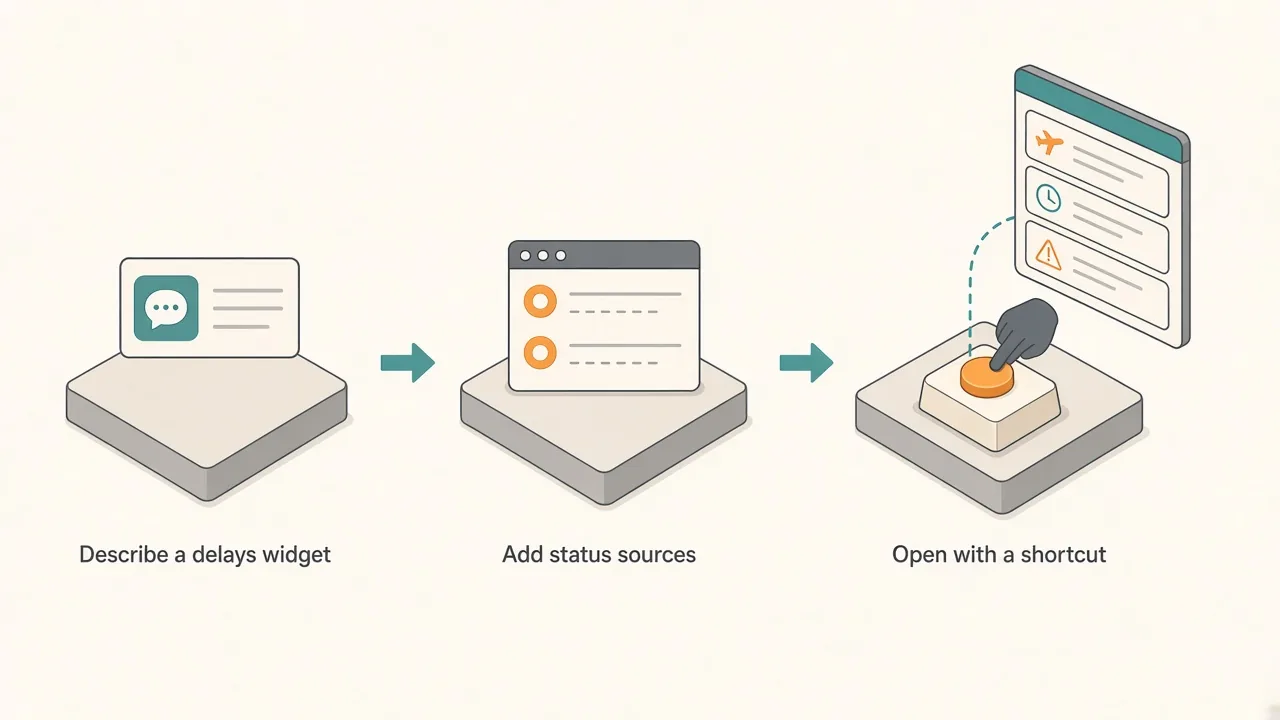 Three steps: describe a delays widget, add status sources, open the panel with a shortcut