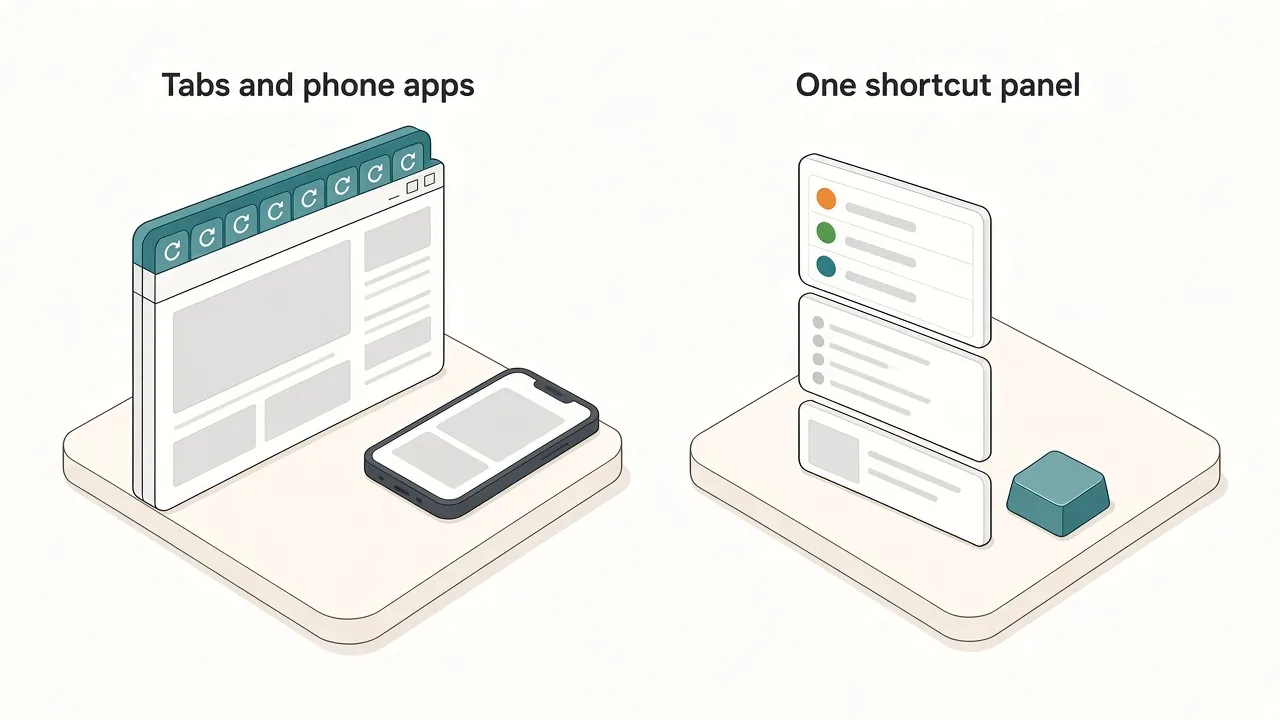 Comparison of a crowded browser with many score tabs and a phone app versus a single floating panel of small widgets opened with a key