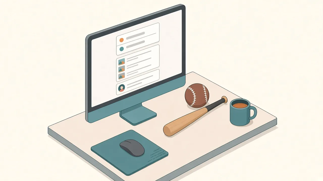 Isometric illustration of a Mac monitor with a floating panel of three widgets: a compact scoreboard card, a news feed list and a social post card, next to a baseball and bat on the desk