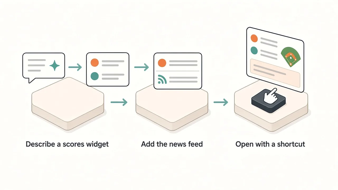 Three steps: describe a scores widget, add the news feed, open the panel with a shortcut